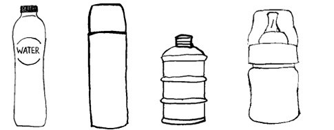 Benodigdheden voor onderweg: dosering melkpoeder, warm water in een thermosfles, flesje koud water en de drinkfles